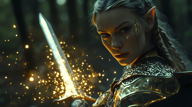 A female elf warrior in shining armor, holding a sword and shield with magical sparks. Forest Elf Queen. Illustration