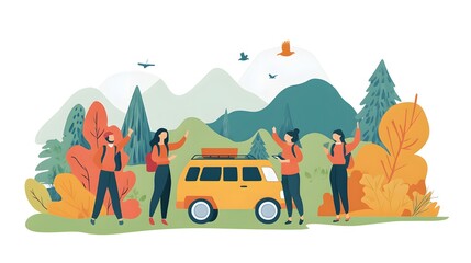 Obraz premium Group of friends on a road trip using a virtual assistant to find the best local diners, enjoying the journey