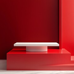 
A 3D podium white rectangular table is balanced on the edge of an angled red platform, in a minimalist style, with a solid color background, studio lighting, soft light, delicate texture, high satura