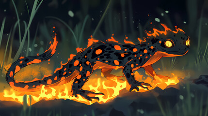 A fire demon with glowing embers. Fire Salamander. Illustration