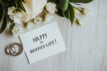 Naklejka premium A wedding card with the words HAPPY Married Life! written on it