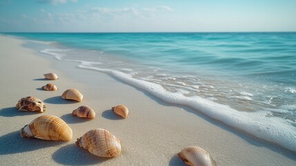 Relaxing Beach with White Sand, Turquoise Water, and Seashells