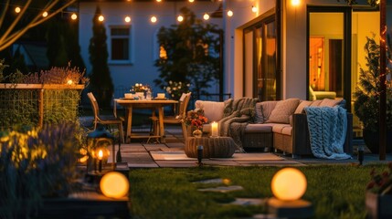 Residential Backyard Lounge and Dining Area Decorated with Lights, Plants, Garden Furnishings on a Summer Night.