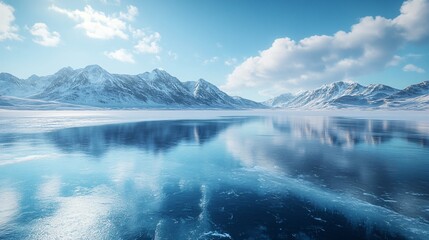Fototapeta premium Snowy Mountains and Glaciers: A Winter Wonderland with Ice Lakes and Vehicles for Advertising Backgrounds
