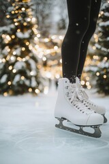 Close-up of women wearing white ice skates on an outdoor rink with festive blurred lights and decorated trees in the background