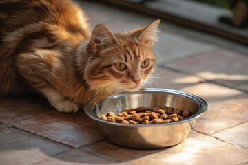 Wet cat food in a stainless steel bowl, placed on a tiled kitchen floor, evening light 6