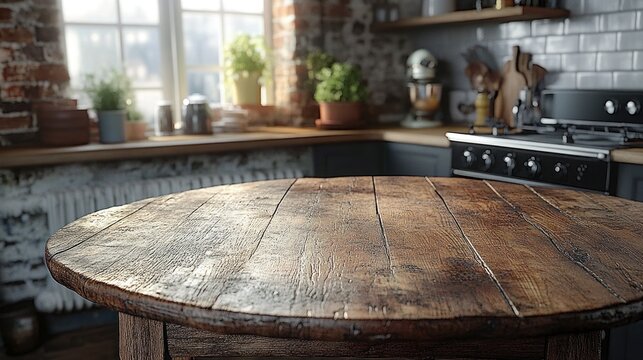 Rustic wooden table in a kitchen with a blurred background.