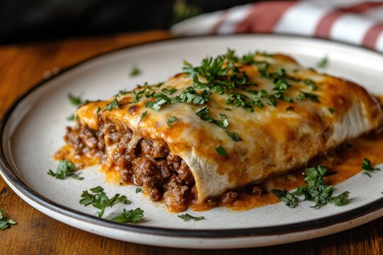 Close up of a wet burrito on a wooden table featuring flour tortillas stuffed with ground beef refried beans and chiles