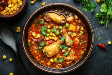 Close up of chicken corn soup in a bowl viewed from above