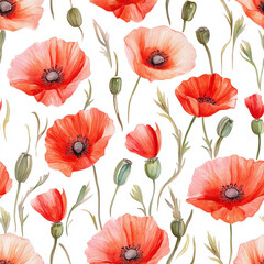 Obraz premium Floral watercolor seamless pattern print hand painting with poppies abstract flowers, leaves and plants, design texture. Tile Seamless watercolor floral poppy pattern for textiles, stationery
