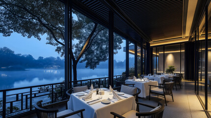 Fototapeta premium Elegant lakeside restaurant at twilight with set tables and a serene water view, creating a tranquil dining atmosphere.