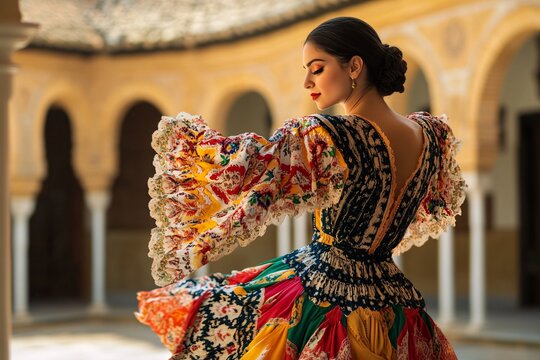 A young Spanish woman in a vibrant flamenco dress, dancing with passion, background of a traditional Andalusian courtyard 1