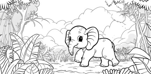 A cute elephant happily playing in a brightly colored jungle, perfect for coloring, children's coloring book