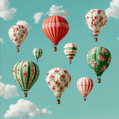 Colorful Hot Air Balloons Floating Against a Blue Sky with White Clouds and Floral Patterns