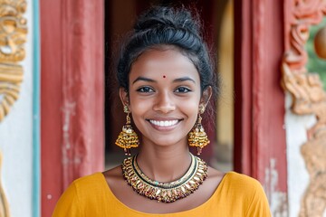 A young Mauritian woman with a bright smile, wearing traditional jewelry, standing in front of a historic temple 1