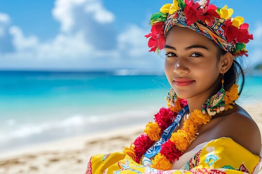A young Mauritian woman in traditional Sega attire, vibrant colors, posing on a sandy beach, bright sunlight 1