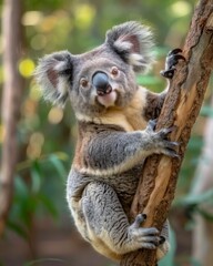 Fototapeta premium Koala Gripping a Tree Trunk in an Australian Forest