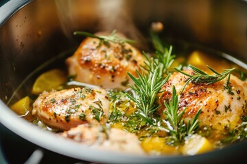 Close up of savory chicken piccata with herbs in a pot