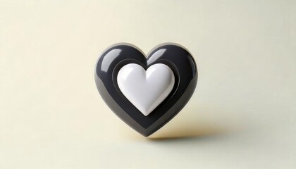 Fototapeta premium A glossy black heart with a white heart in the center, set against a soft pastel background, symbolizing love and contrast.