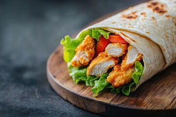 Close up side view of a crispy chicken wrap with lettuce and tomato on a wooden board against a dark backdrop
