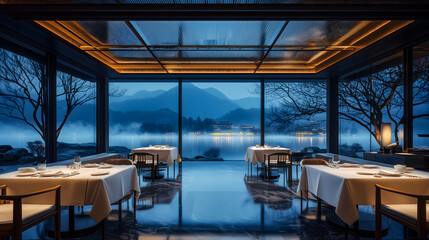 Fototapeta premium Elegant restaurant interior with large windows overlooking a serene lake and mountains under evening blue light. Ideal for luxury dining with a breathtaking view.