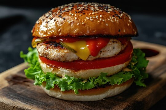 Close up side view of a Spicy Chicken Zinger burger with lettuce tomato melted cheese and sauce on a wooden board against a dark backdrop