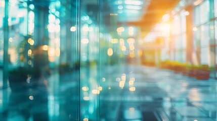 Fototapeta premium Abstract blurred background of modern office building with glass wall and sunlight