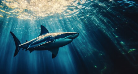 Fototapeta premium A great white shark gliding gracefully through sunlit ocean depths in vibrant blue waters