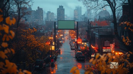 Fototapeta premium Rainy urban street at dusk with glowing lights and autumn trees. A vibrant city scene blending nature and architecture, creating a cozy atmosphere.
