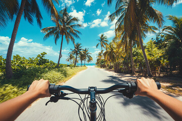 drivers point of view of driving bicycle between palm trees with copy space