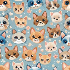 Cute cartoon cat faces on blue floral background