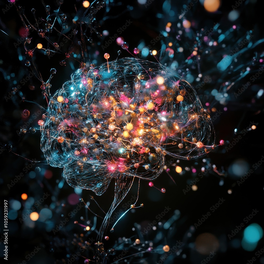 Poster abstract brain with glowing lights and bokeh - neural network, artificial intelligence concept.
