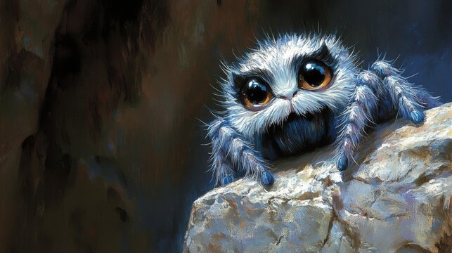 illustration of a cute spider with big eyes sitting on a rock