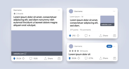 Kyiv, Ukraine - 11.01.2024: Reddit post template. Red app interface. Blog publication template. Upvote, downvote, comment, share, awards mockup. Blogging social media layout. Vector illustration.