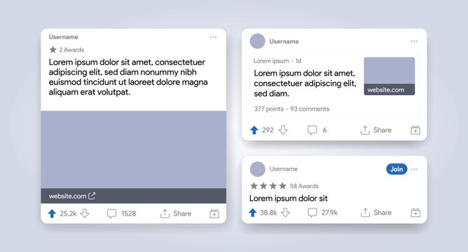 Kyiv, Ukraine - 11.01.2024: Reddit post template. Red app interface. Blog publication template. Upvote, downvote, comment, share, awards mockup. Blogging social media layout. Vector illustration.