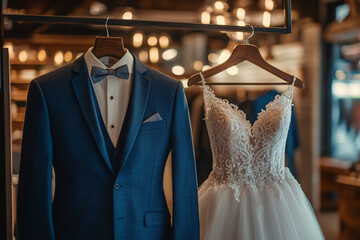 wedding dress and blue male suit on hangers in the wedding store