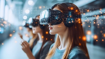 User wearing AR headset exploring virtual holograms overlaid on real-world environment, high-tech background