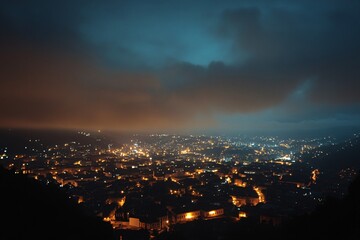 Fototapeta premium City Lights Glowing Under Dark Clouds - Night Cityscape Photography