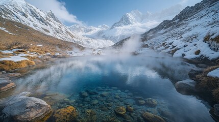 Obraz premium Hot Spring in Mountain Valley with Steam and Snow-Covered Peaks