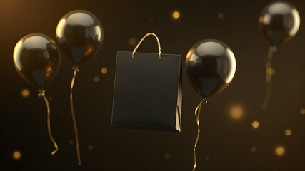 Black air balloons and paper bag on black background. Black friday concept