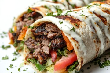 Grilled meat and salad wrapped in a fresh tortilla drizzled with white sauce against a white background