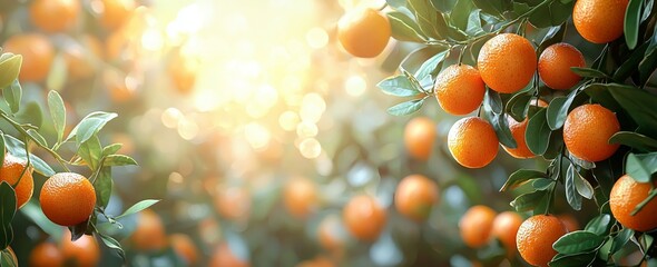 Bright oranges on lush green branches, bathed in warm sunlight. A vibrant and fresh orchard scene.