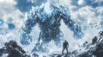 Amongst the jagged peaks of a snow-capped mountain, a fearless adventurer confronts a massive ice golem, its crystalline form shimmering in the frigid air. Ice Golem. Illustration