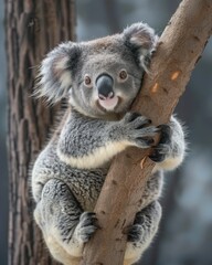 Fototapeta premium Koala Gripping a Tree Trunk in an Australian Forest