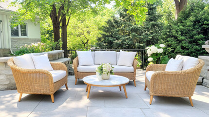 Outdoor patio with wicker furniture, white cushions, and a round coffee table decorated with flowers, surrounded by lush green trees. Copy space