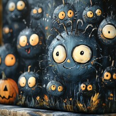 horror themed cute monsters, cartoonish and fun abstract background