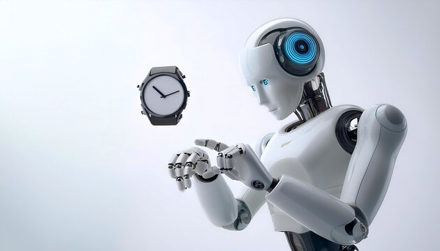 AI robot looking at smart watch floating or flying isolated white background
