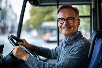 A bus driver smiling at the wheel, urban background, daylight, mid-shot, front view 4