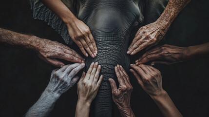 Six blind people touch different parts of an elephant. Each person has a different idea about what the elephant is like, based on what they feel.