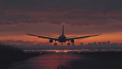 Airplane Landing at Airport During Sunset, Runway Illuminated by Sunlight and Lights, Scenic Aviation Photography